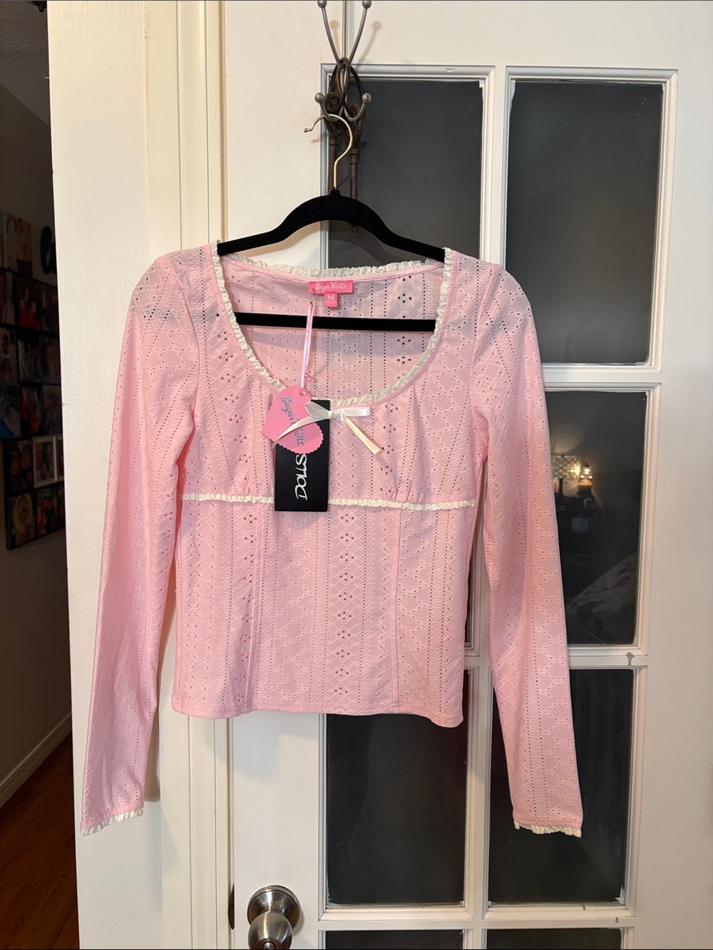 Sugar thrillz Light Pink Eyelet Long Sleeve Top with Lace Trim